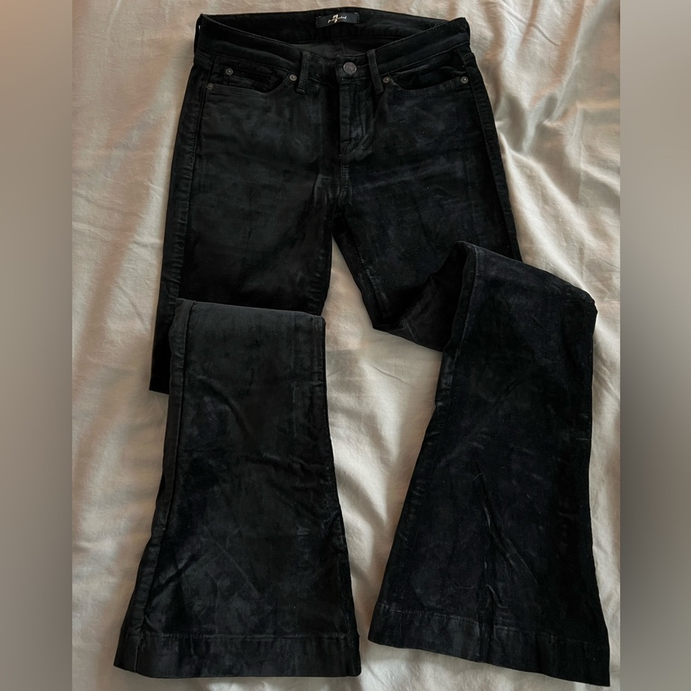 Designer 7 For all man kind black velvet low rise flared wide leg jean pants